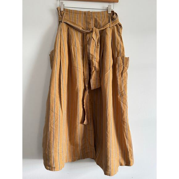 Zara Woman Mustard Brown Striped Midi Skirt Linen Blend Belted High Waist Size M - Picture 1 of 6